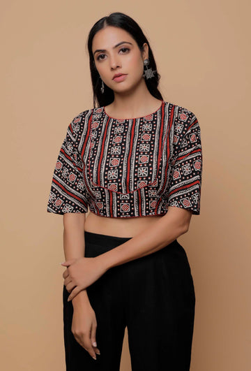 Black and Red  Handblock Printed Cotton Boxy Sleeve Round Neck Blouse